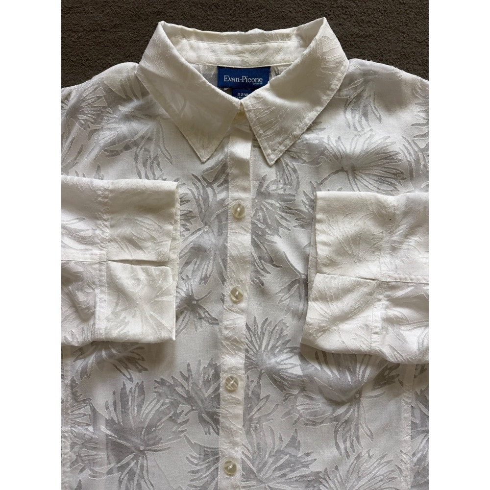 Evan-Picone White Burnout Floral Palm Button Down Blouse 22W- 3/4 Sleeve -EUC
